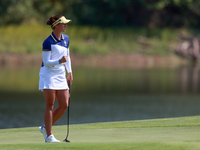 GAINESVILLE, VIRGINIA - SEPTEMBER 15: Linn Grant of Team Europe celebrates her putt on hole 11 during the final round of the Solheim Cup at...