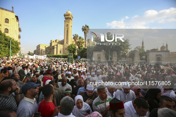 Egyptian Muslims parade to celebrate Moulid Al-Nabi, the birthday of the Prophet Muhammad, in Cairo, Egypt, on September 15, 2024. 