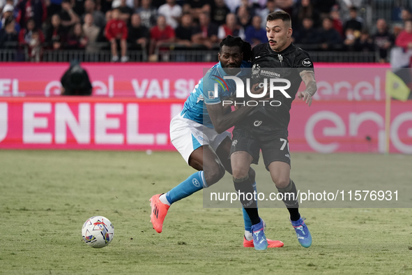 Gianluca Gaetano (#70 Cagliari Calcio) and Frank Anguissa (Napoli SSC) during the Serie A TIM match between Cagliari Calcio and Napoli SSC i...