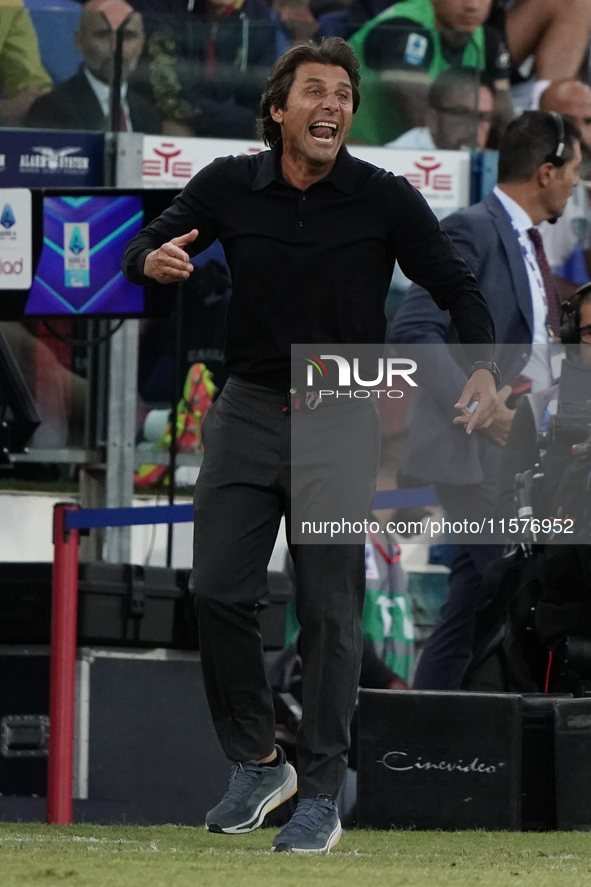 Antonio Conte coaches Napoli SSC during the Serie A TIM match between Cagliari Calcio and Napoli SSC in Italy, on September 15, 2024. 