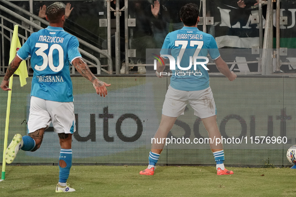 Khvicha Kvaratskhelia of Napoli SSC celebrates during the Serie A TIM match between Cagliari Calcio and Napoli SSC in Italy on September 15,...