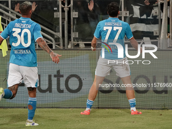 Khvicha Kvaratskhelia of Napoli SSC celebrates during the Serie A TIM match between Cagliari Calcio and Napoli SSC in Italy on September 15,...