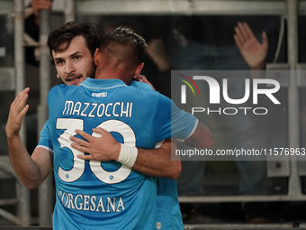 Khvicha Kvaratskhelia of Napoli SSC celebrates during the Serie A TIM match between Cagliari Calcio and Napoli SSC in Italy on September 15,...