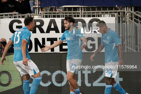 Khvicha Kvaratskhelia of Napoli SSC celebrates during the Serie A TIM match between Cagliari Calcio and Napoli SSC in Italy on September 15,...