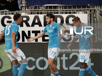 Khvicha Kvaratskhelia of Napoli SSC celebrates during the Serie A TIM match between Cagliari Calcio and Napoli SSC in Italy on September 15,...