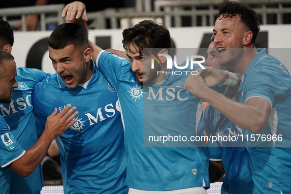 Khvicha Kvaratskhelia of Napoli SSC celebrates during the Serie A TIM match between Cagliari Calcio and Napoli SSC in Italy on September 15,...