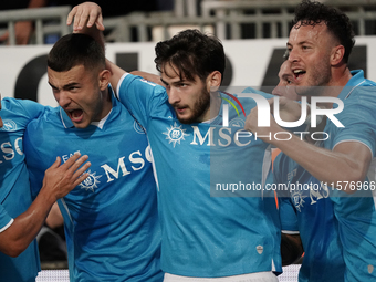 Khvicha Kvaratskhelia of Napoli SSC celebrates during the Serie A TIM match between Cagliari Calcio and Napoli SSC in Italy on September 15,...