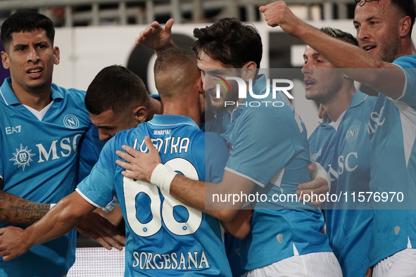 Khvicha Kvaratskhelia of Napoli SSC celebrates during the Serie A TIM match between Cagliari Calcio and Napoli SSC in Italy on September 15,...