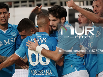 Khvicha Kvaratskhelia of Napoli SSC celebrates during the Serie A TIM match between Cagliari Calcio and Napoli SSC in Italy on September 15,...