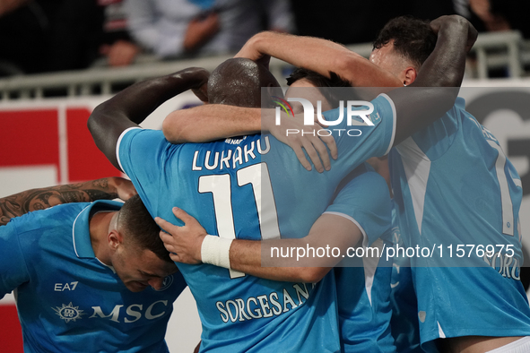 Khvicha Kvaratskhelia of Napoli SSC celebrates during the Serie A TIM match between Cagliari Calcio and Napoli SSC in Italy on September 15,...