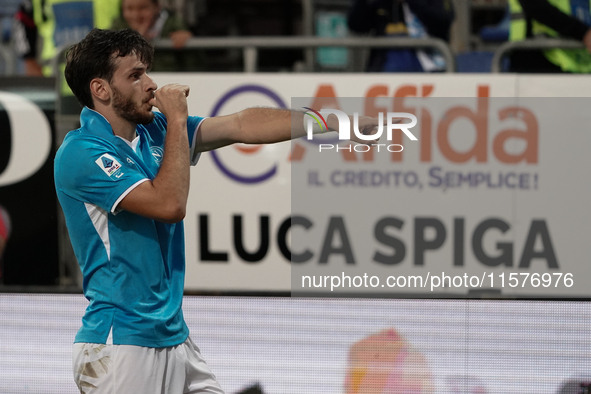 Khvicha Kvaratskhelia of Napoli SSC celebrates during the Serie A TIM match between Cagliari Calcio and Napoli SSC in Italy on September 15,...