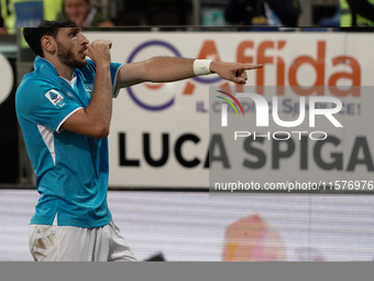 Khvicha Kvaratskhelia of Napoli SSC celebrates during the Serie A TIM match between Cagliari Calcio and Napoli SSC in Italy on September 15,...