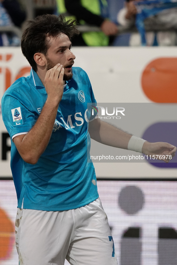 Khvicha Kvaratskhelia of Napoli SSC celebrates during the Serie A TIM match between Cagliari Calcio and Napoli SSC in Italy on September 15,...