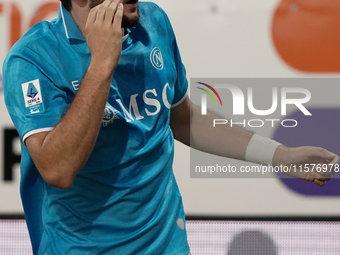 Khvicha Kvaratskhelia of Napoli SSC celebrates during the Serie A TIM match between Cagliari Calcio and Napoli SSC in Italy on September 15,...