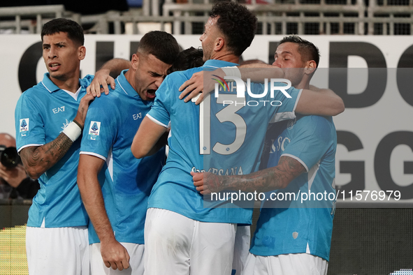 Khvicha Kvaratskhelia of Napoli SSC celebrates during the Serie A TIM match between Cagliari Calcio and Napoli SSC in Italy on September 15,...