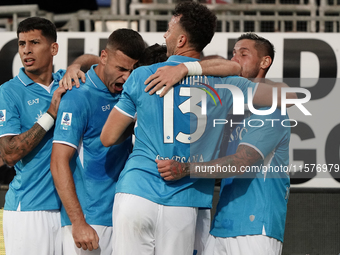 Khvicha Kvaratskhelia of Napoli SSC celebrates during the Serie A TIM match between Cagliari Calcio and Napoli SSC in Italy on September 15,...