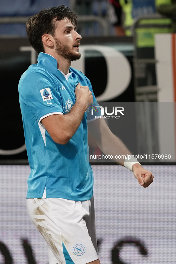 Khvicha Kvaratskhelia of Napoli SSC celebrates during the Serie A TIM match between Cagliari Calcio and Napoli SSC in Italy on September 15,...