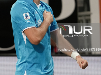 Khvicha Kvaratskhelia of Napoli SSC celebrates during the Serie A TIM match between Cagliari Calcio and Napoli SSC in Italy on September 15,...