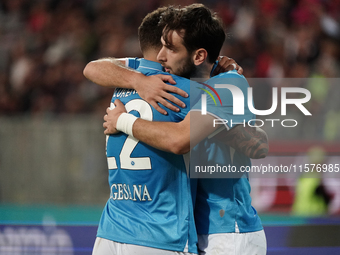 Khvicha Kvaratskhelia of Napoli SSC celebrates during the Serie A TIM match between Cagliari Calcio and Napoli SSC in Italy on September 15,...