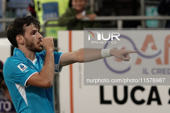 Khvicha Kvaratskhelia of Napoli SSC celebrates during the Serie A TIM match between Cagliari Calcio and Napoli SSC in Italy on September 15,...