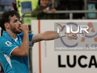 Khvicha Kvaratskhelia of Napoli SSC celebrates during the Serie A TIM match between Cagliari Calcio and Napoli SSC in Italy on September 15,...