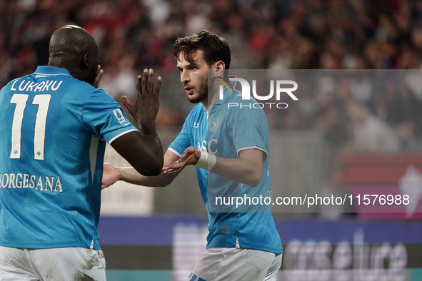 Khvicha Kvaratskhelia of Napoli SSC celebrates during the Serie A TIM match between Cagliari Calcio and Napoli SSC in Italy on September 15,...