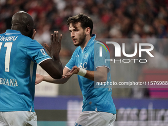 Khvicha Kvaratskhelia of Napoli SSC celebrates during the Serie A TIM match between Cagliari Calcio and Napoli SSC in Italy on September 15,...