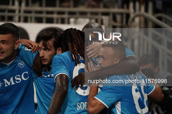 Romelu Lukaku of Napoli SSC celebrates during the Serie A TIM match between Cagliari Calcio and Napoli SSC in Italy on September 15, 2024 