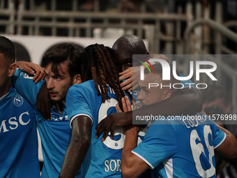 Romelu Lukaku of Napoli SSC celebrates during the Serie A TIM match between Cagliari Calcio and Napoli SSC in Italy on September 15, 2024 (