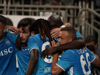 Romelu Lukaku of Napoli SSC celebrates during the Serie A TIM match between Cagliari Calcio and Napoli SSC in Italy on September 15, 2024 (