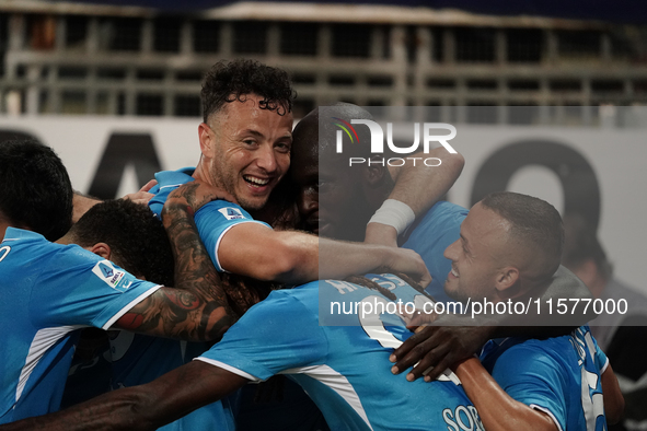 Romelu Lukaku of Napoli SSC celebrates during the Serie A TIM match between Cagliari Calcio and Napoli SSC in Italy on September 15, 2024 