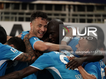 Romelu Lukaku of Napoli SSC celebrates during the Serie A TIM match between Cagliari Calcio and Napoli SSC in Italy on September 15, 2024 (