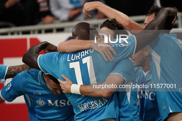 Khvicha Kvaratskhelia of Napoli SSC celebrates during the Serie A TIM match between Cagliari Calcio and Napoli SSC in Italy on September 15,...