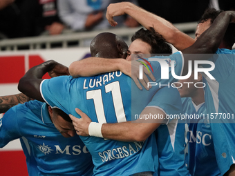 Khvicha Kvaratskhelia of Napoli SSC celebrates during the Serie A TIM match between Cagliari Calcio and Napoli SSC in Italy on September 15,...