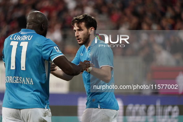 Khvicha Kvaratskhelia of Napoli SSC celebrates during the Serie A TIM match between Cagliari Calcio and Napoli SSC in Italy on September 15,...