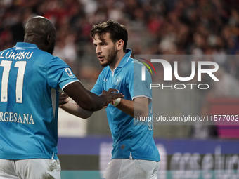 Khvicha Kvaratskhelia of Napoli SSC celebrates during the Serie A TIM match between Cagliari Calcio and Napoli SSC in Italy on September 15,...