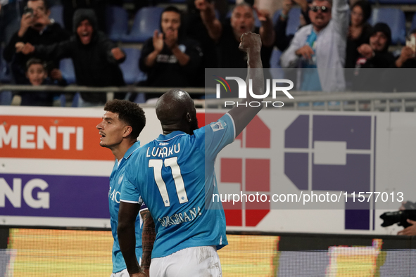 Romelu Lukaku of Napoli SSC celebrates during the Serie A TIM match between Cagliari Calcio and Napoli SSC in Italy on September 15, 2024 