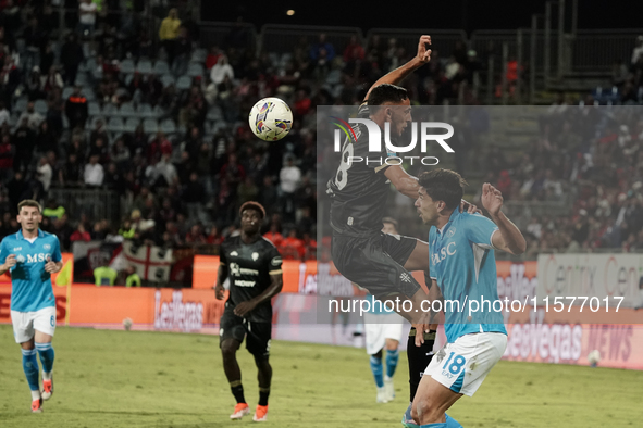 Gabriele Zappa (#28 Cagliari Calcio) and Giovanni Simeone (Napoli SSC) during the Serie A TIM match between Cagliari Calcio and Napoli SSC i...