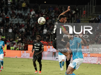 Gabriele Zappa (#28 Cagliari Calcio) and Giovanni Simeone (Napoli SSC) during the Serie A TIM match between Cagliari Calcio and Napoli SSC i...