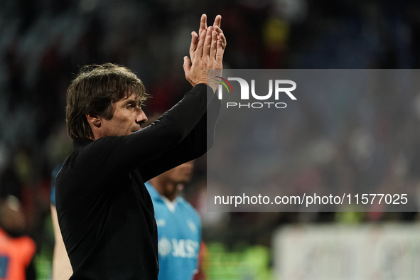 Antonio Conte coaches Napoli SSC during the Serie A TIM match between Cagliari Calcio and Napoli SSC in Italy, on September 15, 2024. 