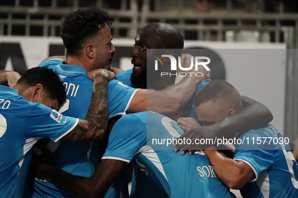 Romelu Lukaku of Napoli SSC celebrates during the Serie A TIM match between Cagliari Calcio and Napoli SSC in Italy on September 15, 2024 