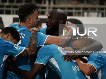 Romelu Lukaku of Napoli SSC celebrates during the Serie A TIM match between Cagliari Calcio and Napoli SSC in Italy on September 15, 2024 (