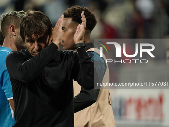 Antonio Conte coaches Napoli SSC during the Serie A TIM match between Cagliari Calcio and Napoli SSC in Italy, on September 15, 2024. (