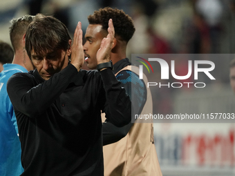 Antonio Conte coaches Napoli SSC during the Serie A TIM match between Cagliari Calcio and Napoli SSC in Italy, on September 15, 2024. (