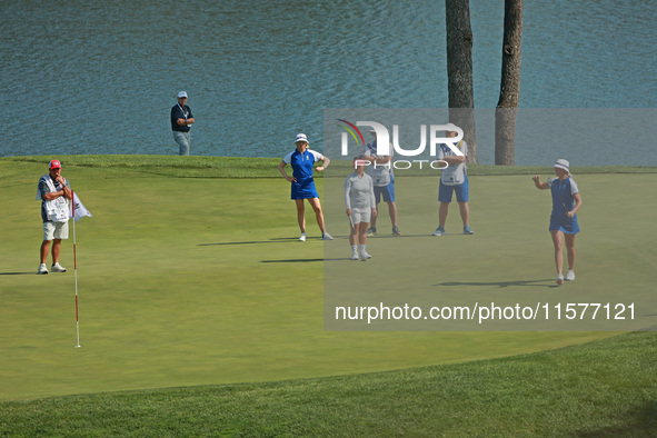 GAINESVILLE, VIRGINIA - SEPTEMBER 14: Anna Nordqvist of Team Europe reacts to her putt on the 11th green during Fourball Matches on Day Two...