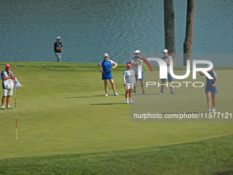 GAINESVILLE, VIRGINIA - SEPTEMBER 14: Anna Nordqvist of Team Europe reacts to her putt on the 11th green during Fourball Matches on Day Two...