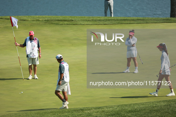 GAINESVILLE, VIRGINIA - SEPTEMBER 14: Megan Khang of the United States follows her putt on the 11th green during Fourball Matches on Day Two...