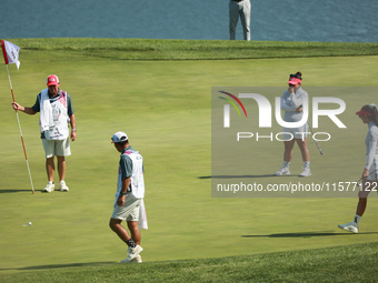 GAINESVILLE, VIRGINIA - SEPTEMBER 14: Megan Khang of the United States follows her putt on the 11th green during Fourball Matches on Day Two...