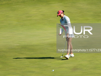 GAINESVILLE, VIRGINIA - SEPTEMBER 14: Rose Zhang of the United States follows her putt on the 11th green during Fourball Matches on Day Two...