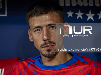 Clement Lenglet of Atletico de Madrid sits on the bench during the La Liga EA Sports 2024/25 football match between Atletico Madrid and Vale...